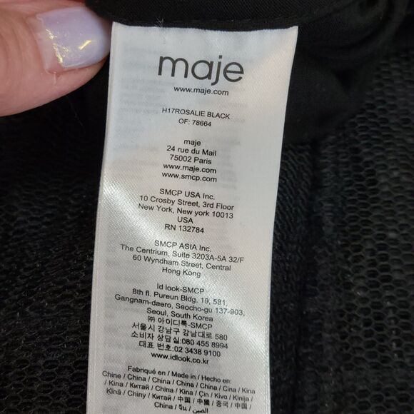 Maje "Rosalie" Cold Shoulder Dress Black Mini Dress Size 2 Mesh Overlay A-Line - Picture 14 of 15